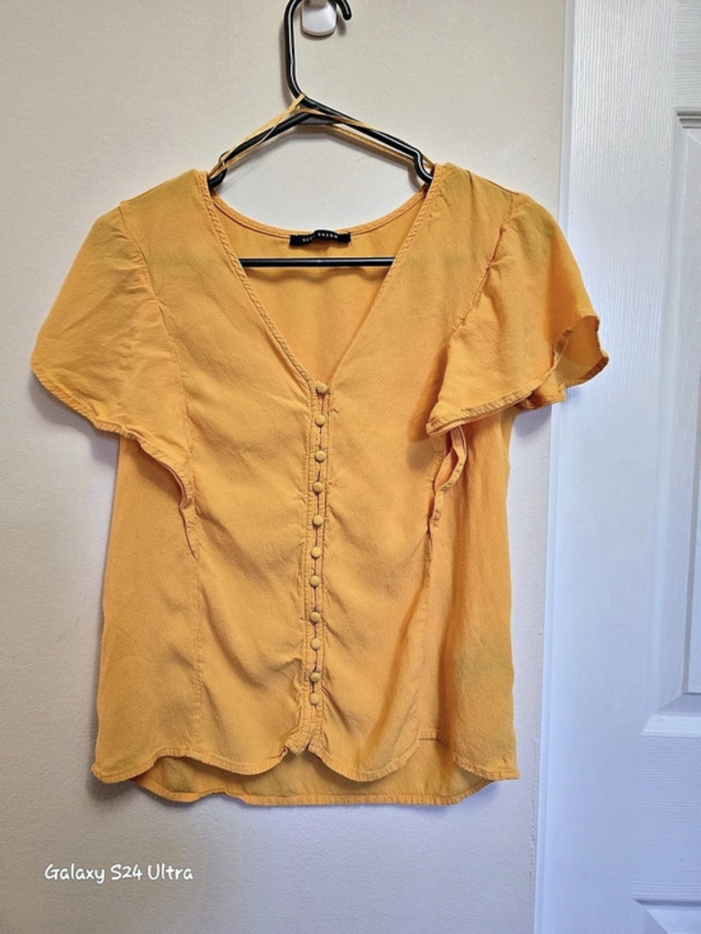 Suzy Shier Ruffle Sleeve Button Front Blouse in Orange